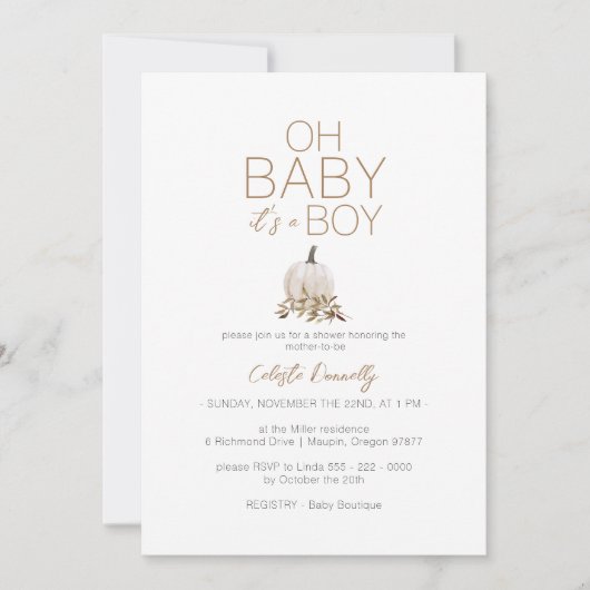 Witte rustieke boho pompoen oh baby jongen douche kaart (Voorkant)