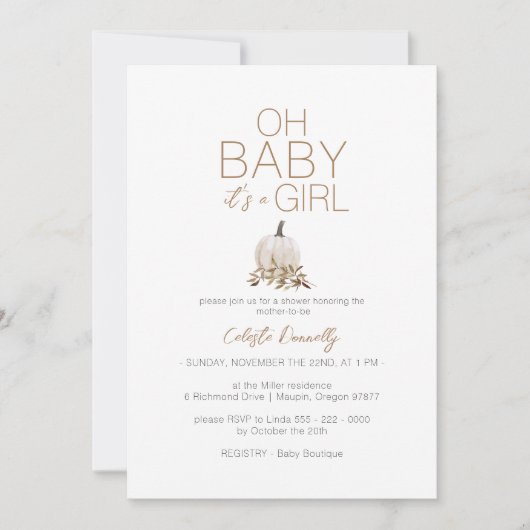 Witte rustieke boho pompoen oh baby meisje douche kaart (Voorkant)