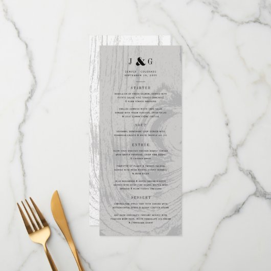 Witte Rustieke Houtnerf Eenvoudige Chic Winterhuwe Menu (Voorkant / Achterkant in situ)