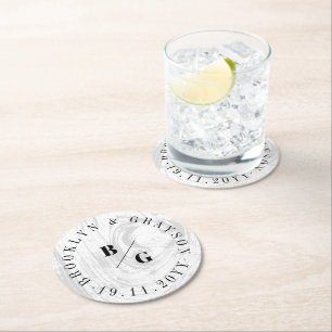 Witte Rustieke Houtnerf Textuur Chic Winter Huweli Ronde Kartonnen Onderzetter