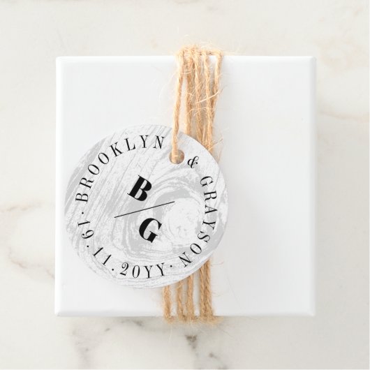 Witte rustieke houtnerf textuur chique winter brui bedankjes labels (In situ)