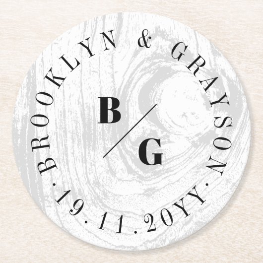 Witte rustieke houtnerf textuur chique winter brui ronde kartonnen onderzetter (Voorkant)