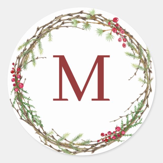 Witte Rustieke Kerstkrans Monogram Ronde Sticker (Voorkant)