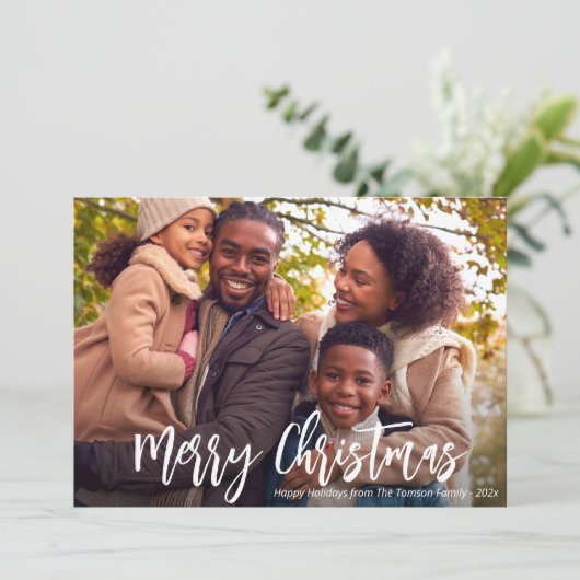 witte rustieke script foto kerstkaart (Staand voorkant)