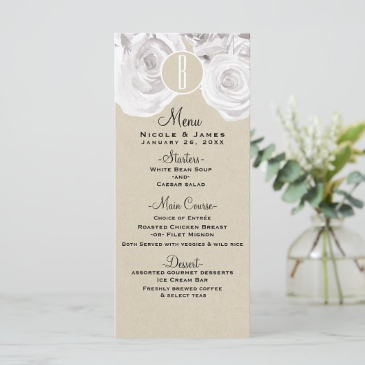 Witte Rustieke Winter Rozen Kraft Bruiloft Menu Ka (Staand voorkant)