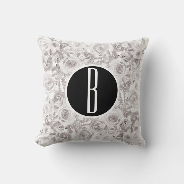 Witte Rustieke Winterrozen Monogram Letter Initiaa Kussen (Voorkant)