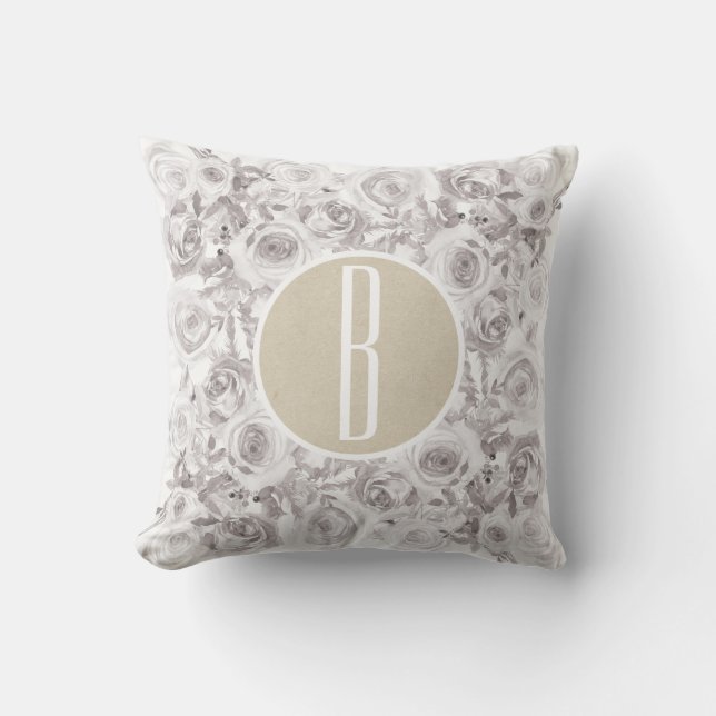 Witte Rustieke Winterrozen Monogram Letter Initiaa Kussen (Voorkant)