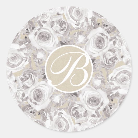 Witte Rustieke Winterrozen Monogram Letter Initiaa Ronde Sticker (Voorkant)