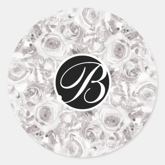Witte Rustieke Winterrozen Monogram Letter Initiaa Ronde Sticker (Voorkant)
