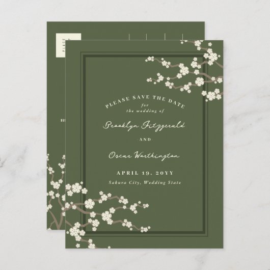 Witte Sakura Kersenbloesems Aziatisch Save The Dat Aankondigingskaart (Voorkant / Achterkant)