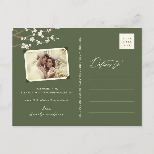 Witte Sakura Kersenbloesems Aziatisch Save The Dat Aankondigingskaart (Achterkant)