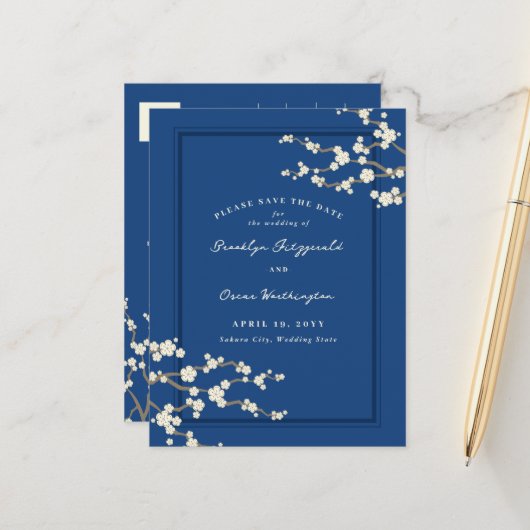 Witte Sakura Kersenbloesems Aziatisch Save The Dat Aankondigingskaart (Voorkant / Achterkant in situ)