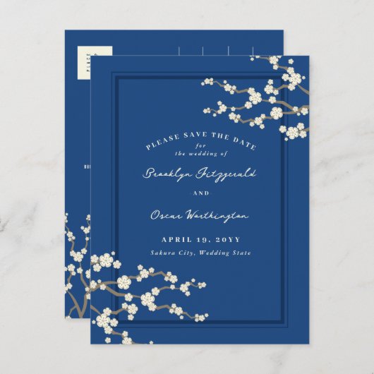 Witte Sakura Kersenbloesems Aziatisch Save The Dat Aankondigingskaart (Voorkant / Achterkant)