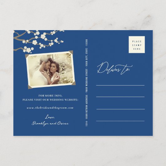 Witte Sakura Kersenbloesems Aziatisch Save The Dat Aankondigingskaart (Achterkant)