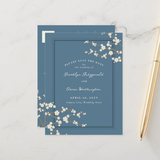 Witte Sakura Kersenbloesems Aziatisch Save The Dat Aankondigingskaart (Voorkant / Achterkant in situ)