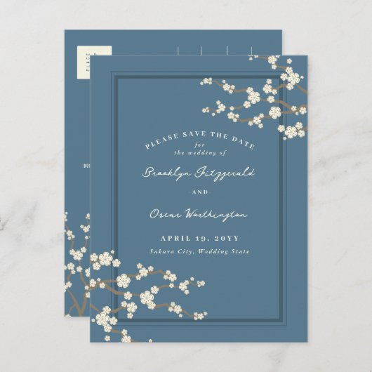 Witte Sakura Kersenbloesems Aziatisch Save The Dat Aankondigingskaart (Voorkant / Achterkant)