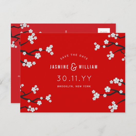 Witte Sakura Kersenbloesems Save The Date Bruiloft Aankondigingskaart (Voorkant / Achterkant)