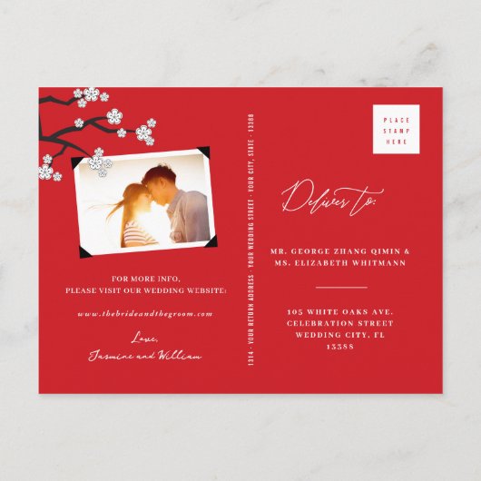 Witte Sakura Kersenbloesems Save The Date Bruiloft Aankondigingskaart (Achterkant)