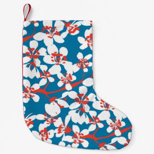 Witte sakura, klassiek blauw achtergrondpatroon. kleine kerstsok