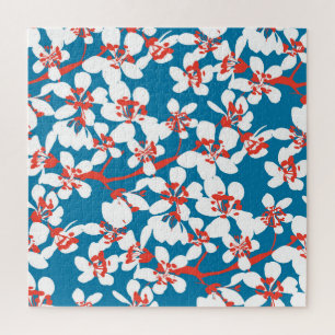 Witte sakura, klassiek blauw achtergrondpatroon. legpuzzel