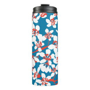 Witte sakura, klassiek blauw achtergrondpatroon. thermosbeker