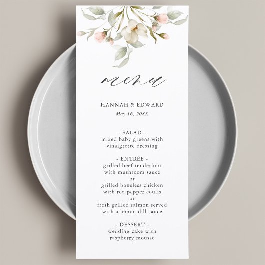 Witte Salie Blush Elegante Bloemige Trouwmenu Menu