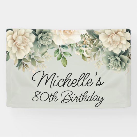 Witte Salie Groene Bloem 80ste Verjaardag Spandoek (Horizontaal)