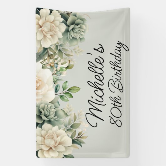 Witte Salie Groene Bloem 80ste Verjaardag Spandoek (Verticaal)