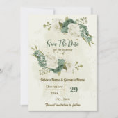 Witte & Salie Groene Bloemen Botanische Bruiloft Save The Date (Voorkant)
