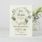 Witte & Salie Groene Bloemen Botanische Bruiloft Save The Date (Staand voorkant)
