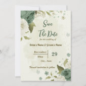 Witte & Salie Groene Bloemen Botanische Bruiloft Save The Date (Voorkant)