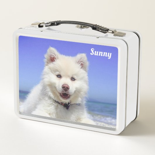 Witte Samoyed Dog op Light Blue (Achterkant)