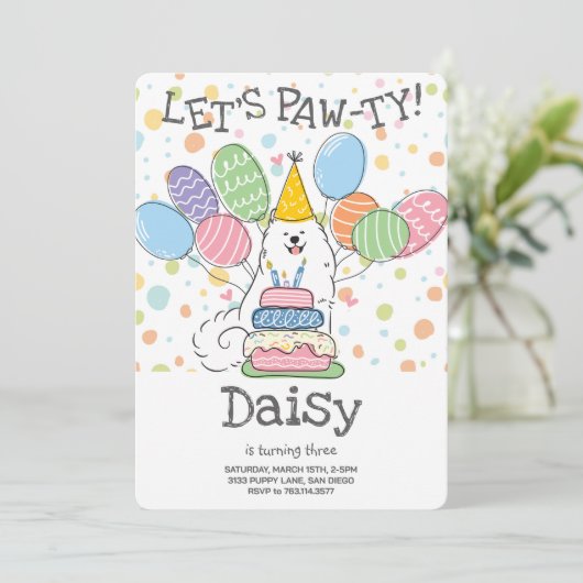 Witte Samoyed Hond Verjaardagsfeestuitnodiging Kaart (Staand voorkant)