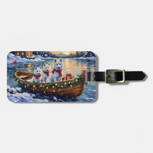 Witte Samoyed Kerstboot Vakantie Bagagelabel (Voorkant horizontaal)