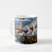 Witte Samoyed Kerstboot Vakantie Koffiemok (Voorkant links)