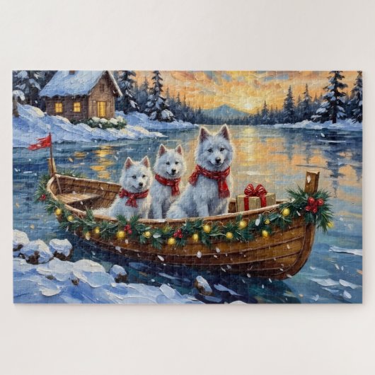 Witte Samoyed Kerstboot Vakantie Legpuzzel (Horizontaal)