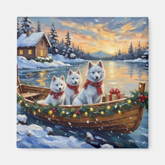 Witte Samoyed Kerstboot Vakantie Magneet (Voorkant)