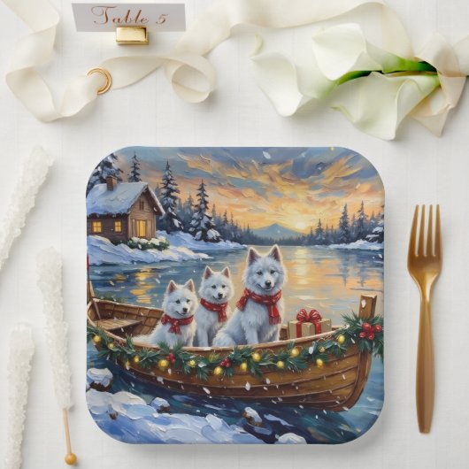Witte Samoyed Kerstboot Vakantie Papieren Bordje (Huwelijk)