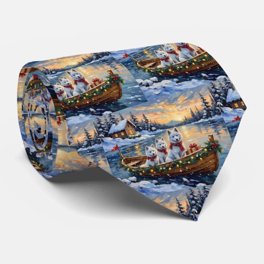 Witte Samoyed Kerstboot Vakantie Stropdas (Opgerold)