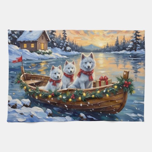Witte Samoyed Kerstboot Vakantie Theedoek (Horizontaal)