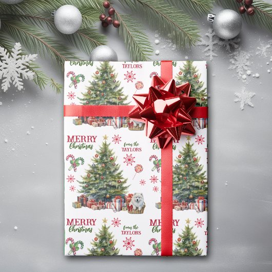Witte Samoyed Puppy Onder de Kerstboom Cadeaupapier