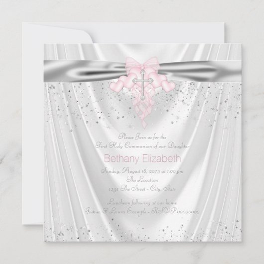 Witte Satijnen Glitters Roze Kruis Eerste Communie Kaart (Voorkant)