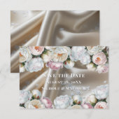 Witte Satijnen Rozen en Pioen Huwelijk Save The Date (Voorkant / Achterkant)