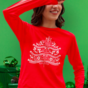 Witte Scandinavische Volkskunst Noordse Kerstboom T-shirt