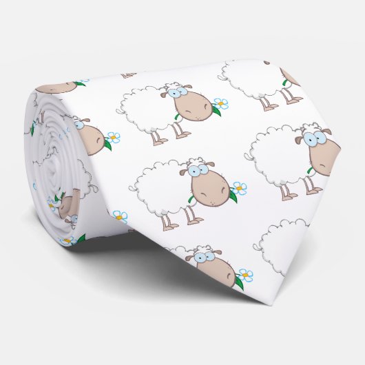 Witte schapenkartoneel die een ventilator eet stropdas (Opgerold)