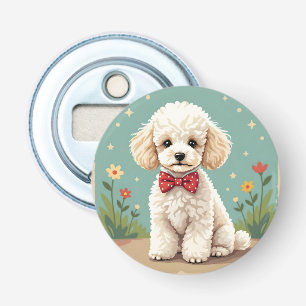 Witte schattige poedel met vlinderdas button flesopener