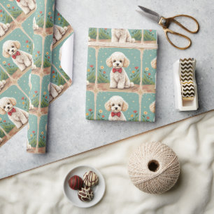 Witte schattige poedel met vlinderdas cadeaupapier