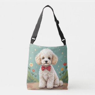 Witte schattige poedel met vlinderdas crossbody tas