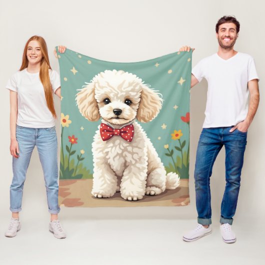 Witte schattige poedel met vlinderdas fleece deken (In situ)