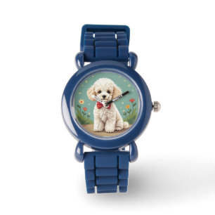 Witte schattige poedel met vlinderdas horloge